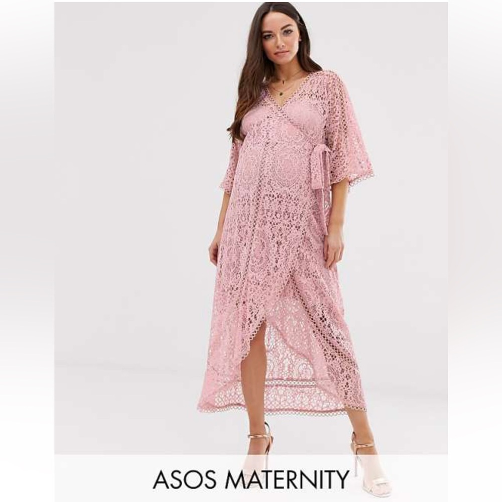 ASOS Pink Lace wrap midi Maternity Dress